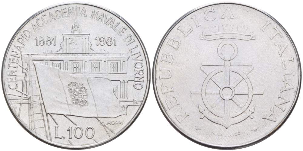 ИТАЛИЯ 100 ЛИР 1981 R, 100 ЛЕТ ВОЕННО-МОРСКОЙ АКАДЕМИИ В ЛИВОРНО KM 108 нержавеющая сталь 4531-125