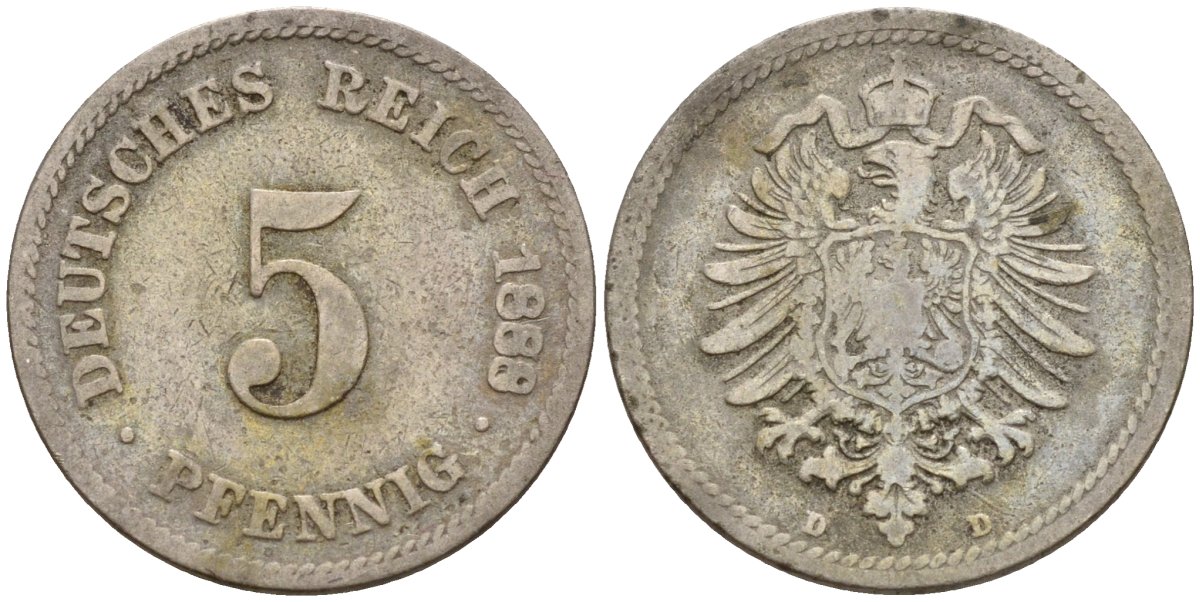 Германия 5 пфеннигов 1888 D, старогербовка KM 3, J. 3 медно-никель 4151-361