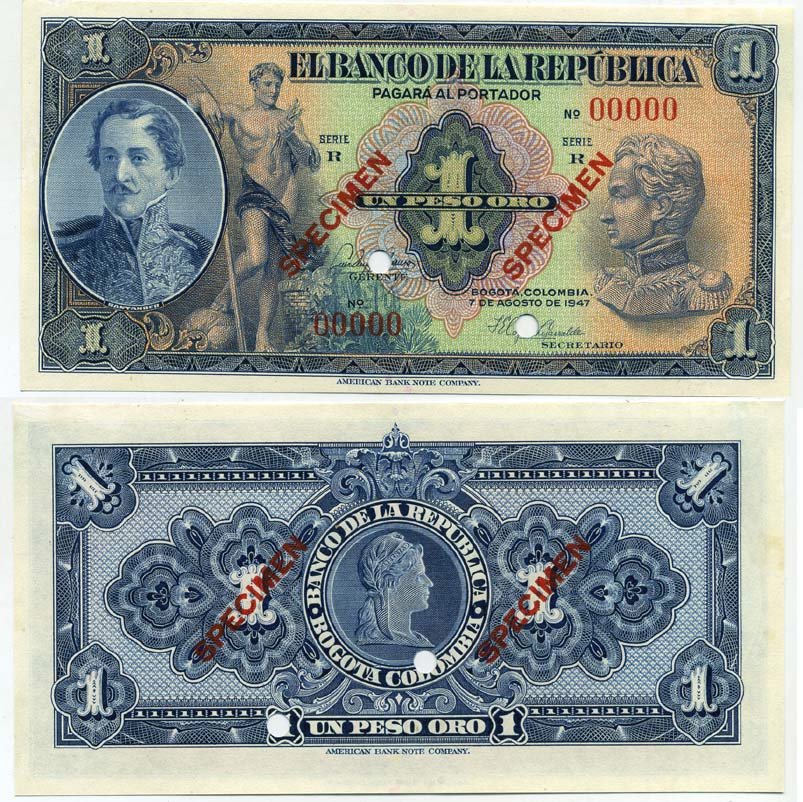 Колумбия 1 песо 1947 7 августа 1947, генерал Сантандер, бюст Симона Боливара, просечки, образец, Specimen, Pick 380s бумага UNC (пресс) 00-00