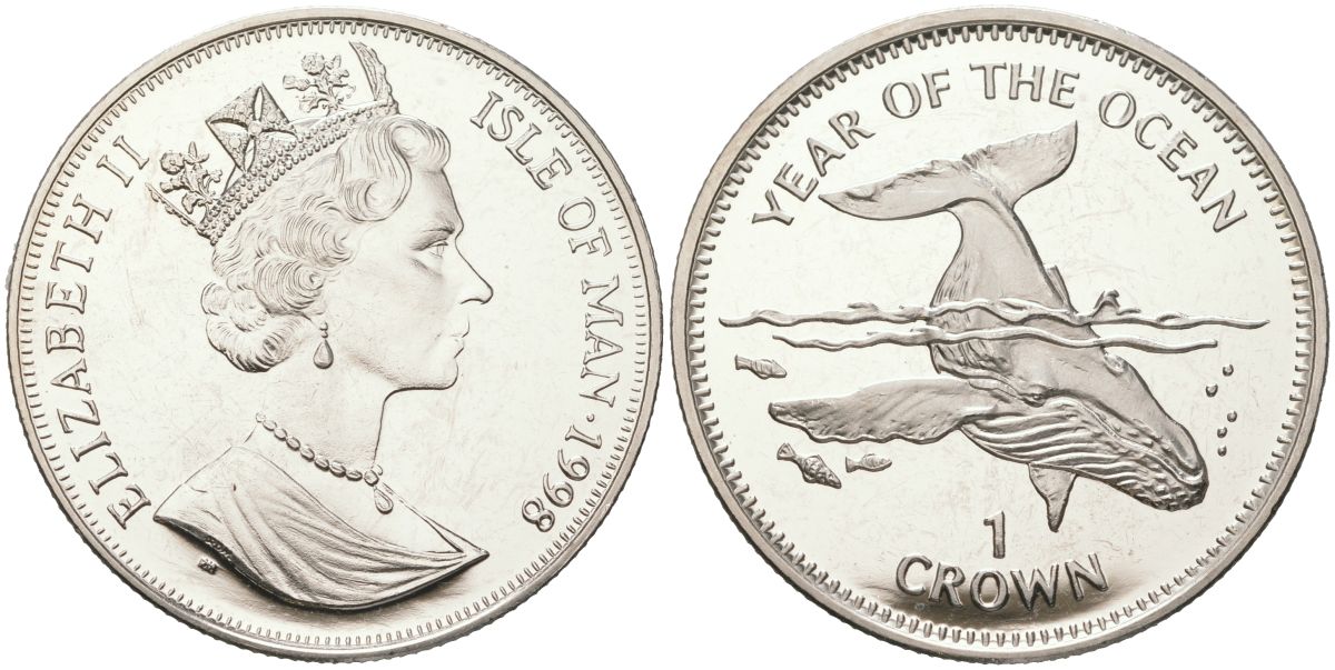 Остров Мэн 1 крона 1998 год океанов, горбатый кит, Елизавета II (1952-2022) KM 897 медно-никель BU 1085-9-34