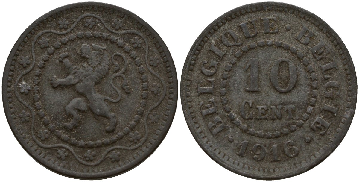 Бельгия 10 сантимов 1916 германская оккупация Первая мировая война, Альберт I (1910-1934) KM 81 цинк 4161-257