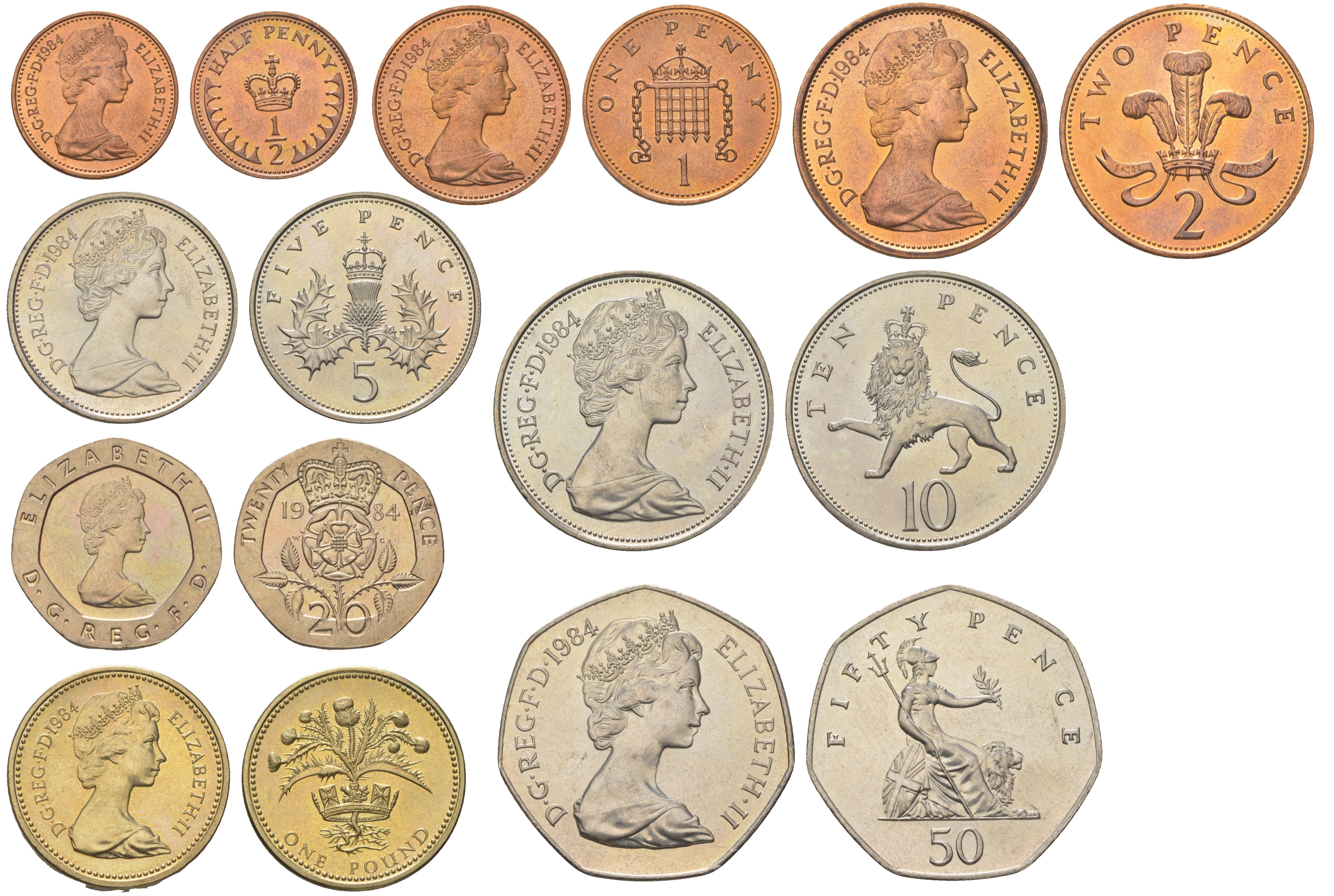 Великобритания годовой набор из 8 монет (1/2, 1, 2, 5, 10, 20 и 50 пенсов (пенни); 1 фунт) 1984 Елизавета II (1952-2022) KM 927, 927, 928, 929, 930, 931, 932 и 934 UNC M65-16