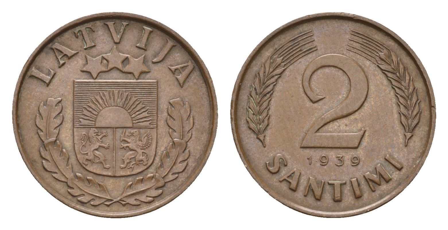 Латвия 2 сантима 1939 KM 11.2 бронза 4679-261