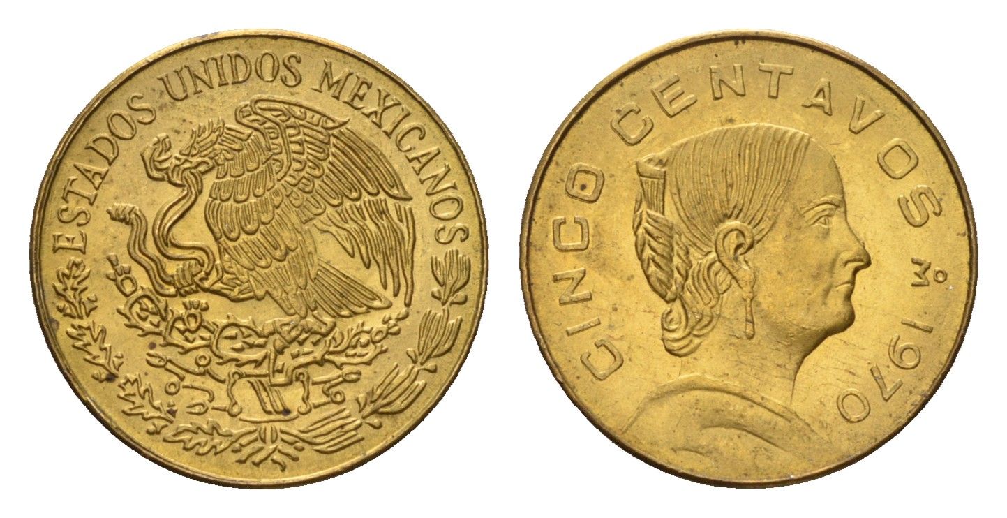 Мексика 5 сентаво 1970 Мо, Жозефа Ортис де Домингес KM 427 латунь UNC 4594-349