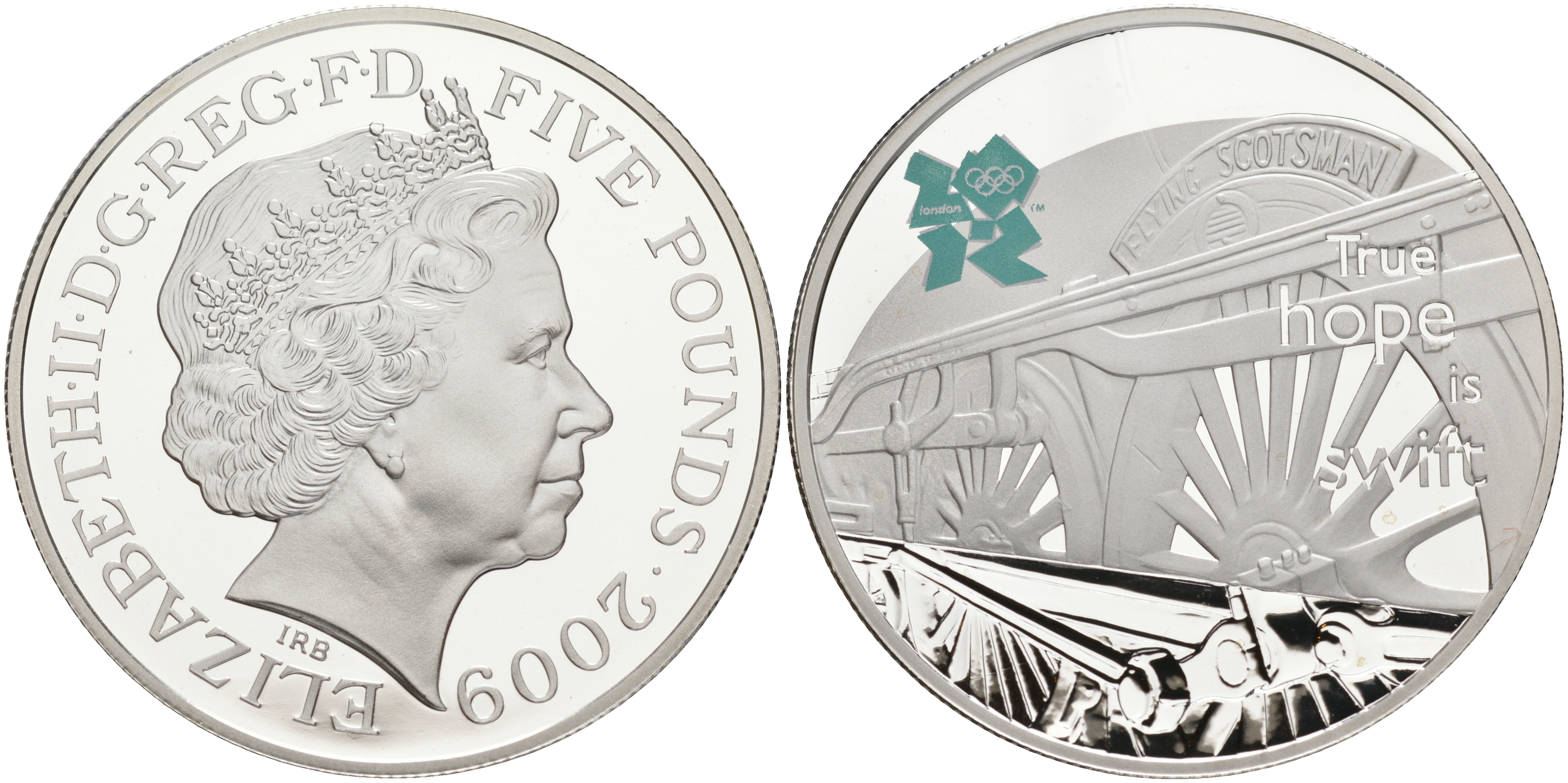 Великобритания 5 фунтов 2009 Елизавета II (1952-2022), XXX летние Олимпийские Игры. Празднование в Британии - Летающий шотландец KM 1142, Spink LO40 серебро PROOF 02-252-34