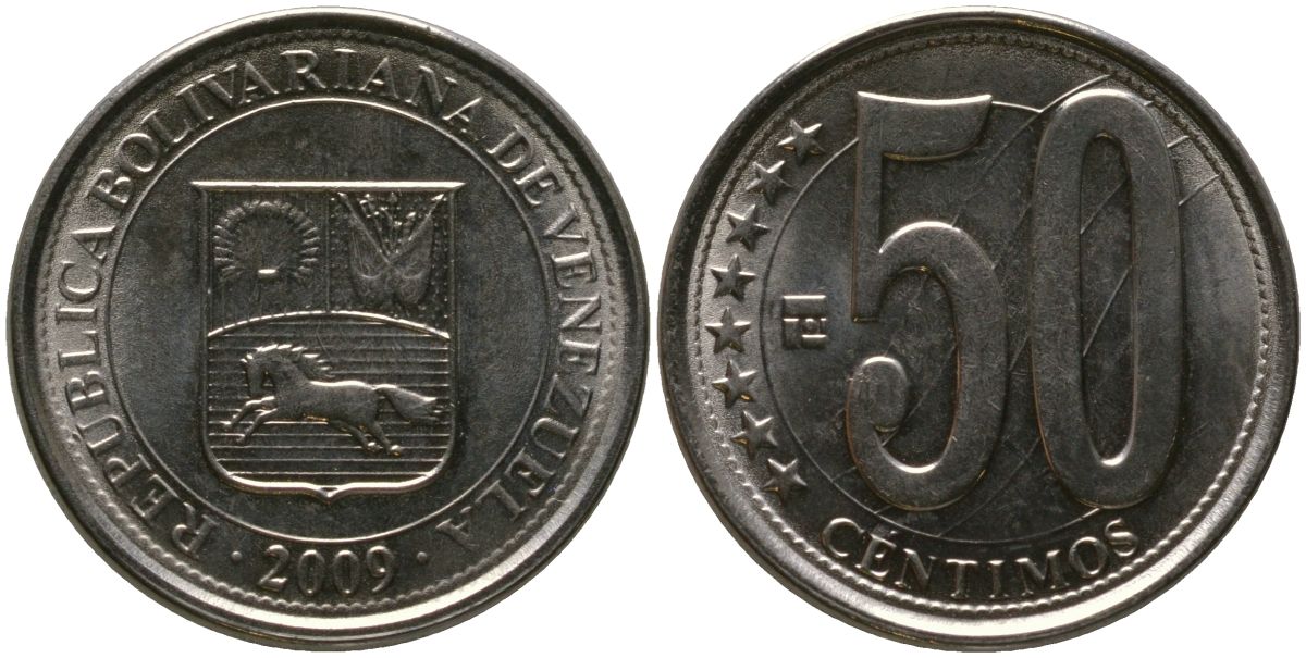 Венесуэла 50 сентимо 2009 KM 92, Schon 105 сталь плакированная никелем 4529-124