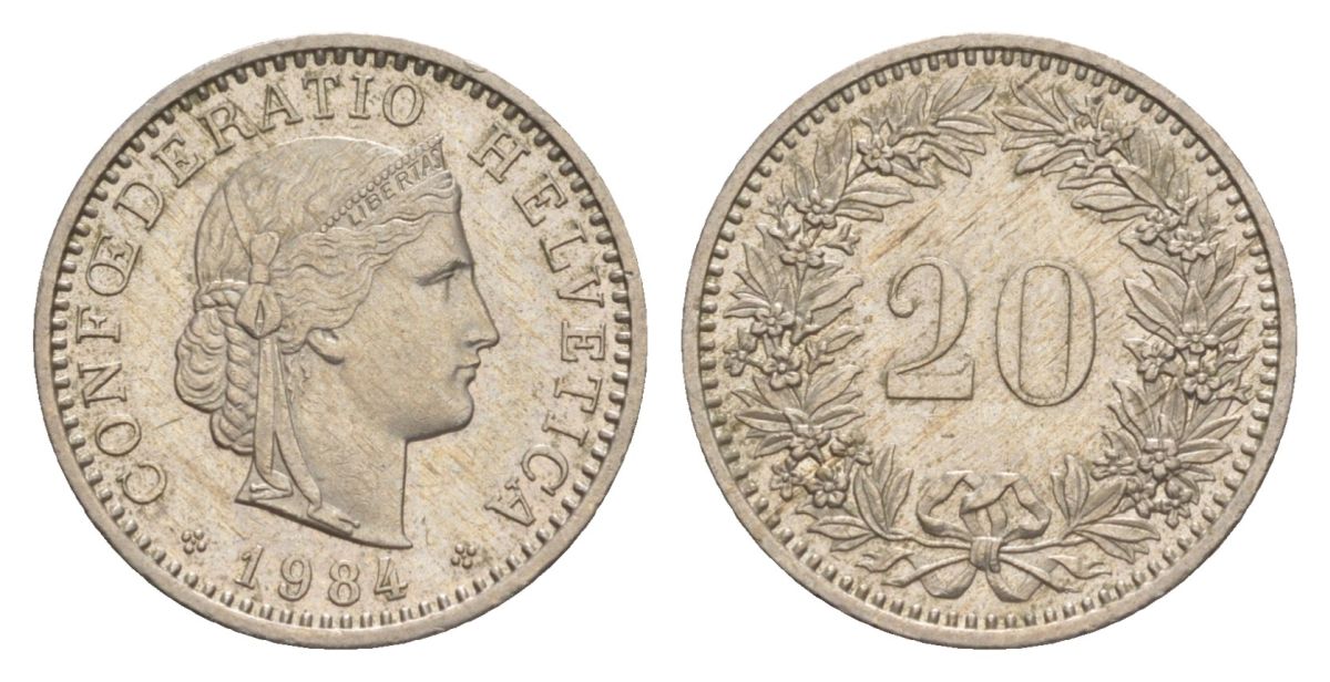 Швейцария 20 раппенов 1984 KM 29a медно-никель aUNC 4632-464