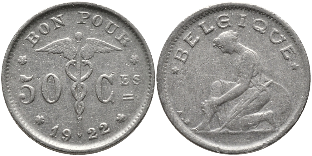 Бельгия 50 сантимов 1922 Belgique, Альберт I (1910-1934) KM 87 никель 4385-619