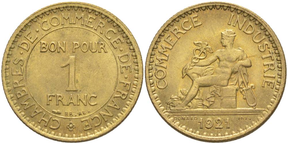 ФРАНЦИЯ 1 ФРАНК 1921 ТИП CHAMBRES DE COMMERCE KM 876, LE FRANC 218.3 алюминиевая бронза 3853-142