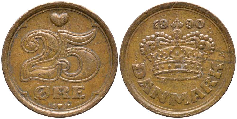 ДАНИЯ 25 ЭРЕ 1990 LG; JP; A, МАРГРЕТЕ II (1972-) KM 868.1 бронза 112-766