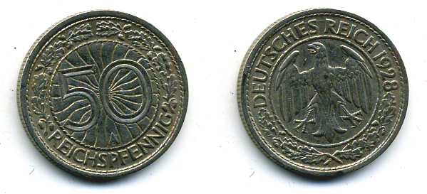 Германия 50 рейхспфеннигов 1928 A KM 49, J.324 никель 58-242