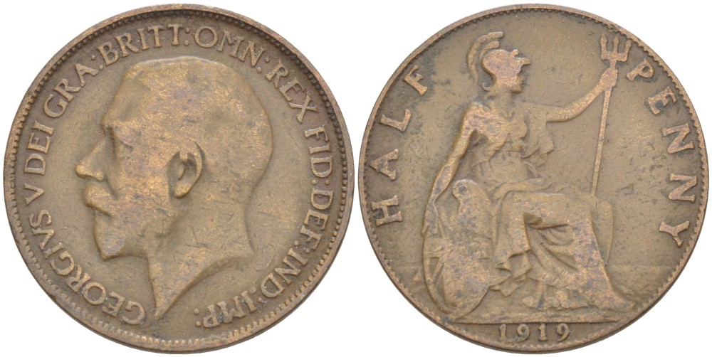 Великобритания 1/2 пенни 1919 Георг V (1910-1936) KM 809, Spink 4056 бронза 4519-135