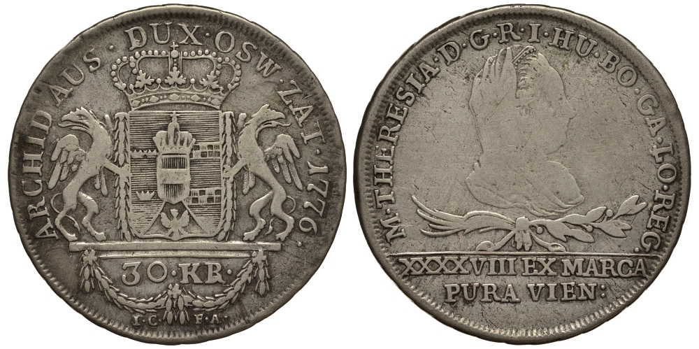 Австрия, Галиция и Лодомерия 30 крейцеров 1776 IC-FA Мария Терезия (1740-1780), PURA VIEN, ВЕС 9,06 ГР. KM 3, Herinek 779, Eypeltauer 234 серебро 00-000-00