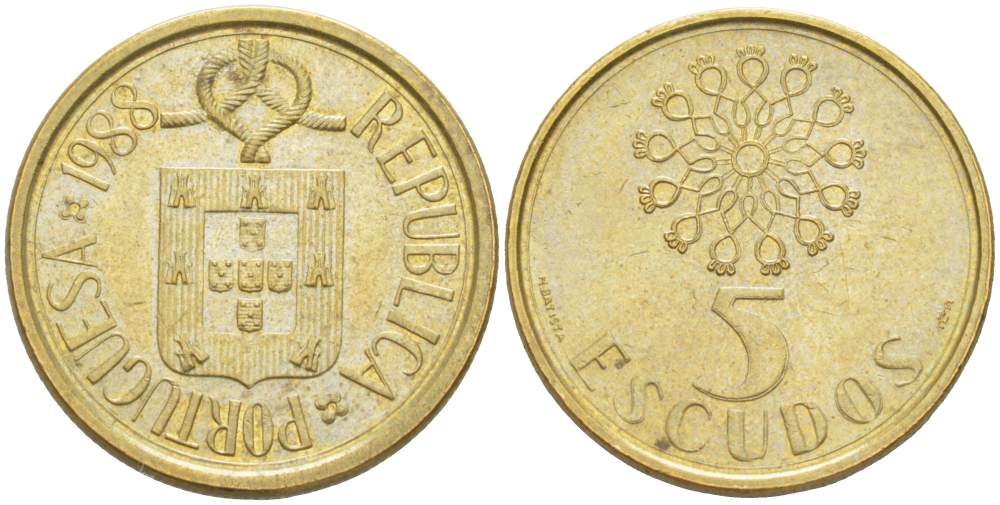 ПОРТУГАЛИЯ 5 ЭСКУДО 1988 KM 632 никель латунь 4523-1043