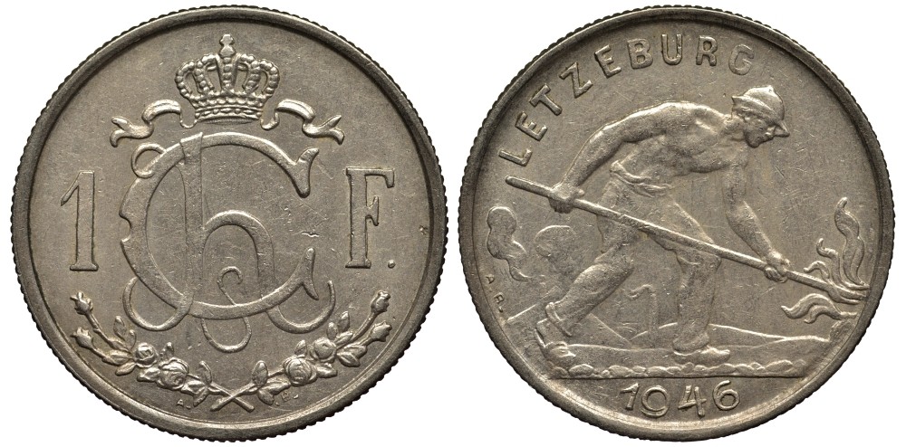 Люксембург 1 франк 1946 Шарлотта (1918-1964), сталевар KM 46.1 медно-никель 4538-916