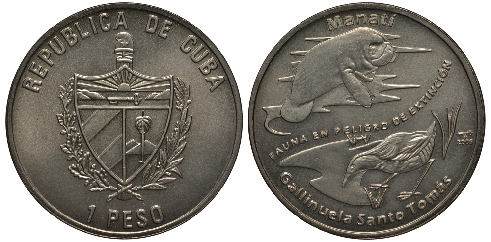 Куба 1 песо 2009 серия исчезающие виды животного мира, ламантин и кубинский погоныш KM 910 медно-никель UNC 00-00