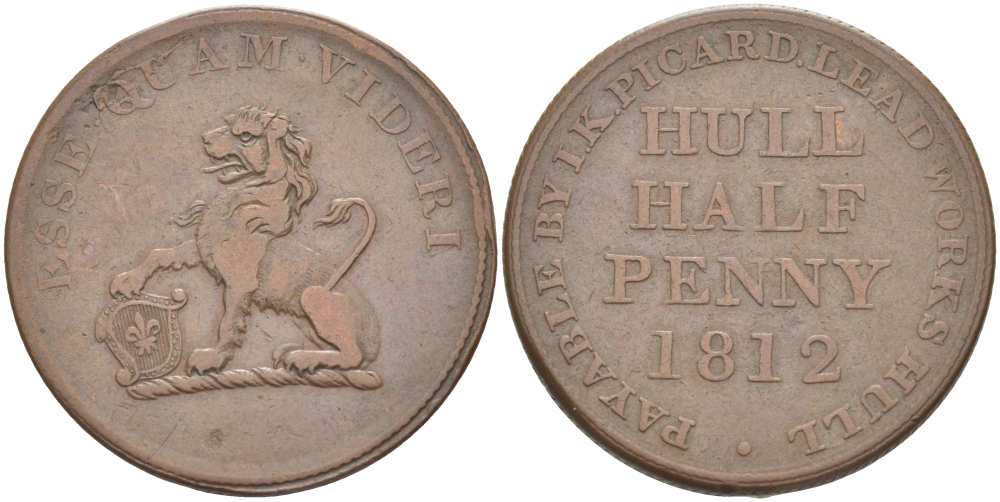 Великобритания 1/2 пенни 1812 Йоркшир - Халл Withers 785, Davis 95 медь 1518-1533