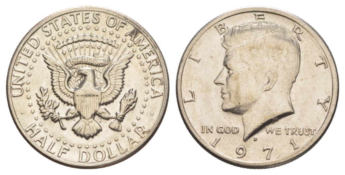 США 1/2 доллара (50 центов) 1971 D, Джон Кеннеди KM 202b медь плакированная медно-никелем aUNC 109-1124