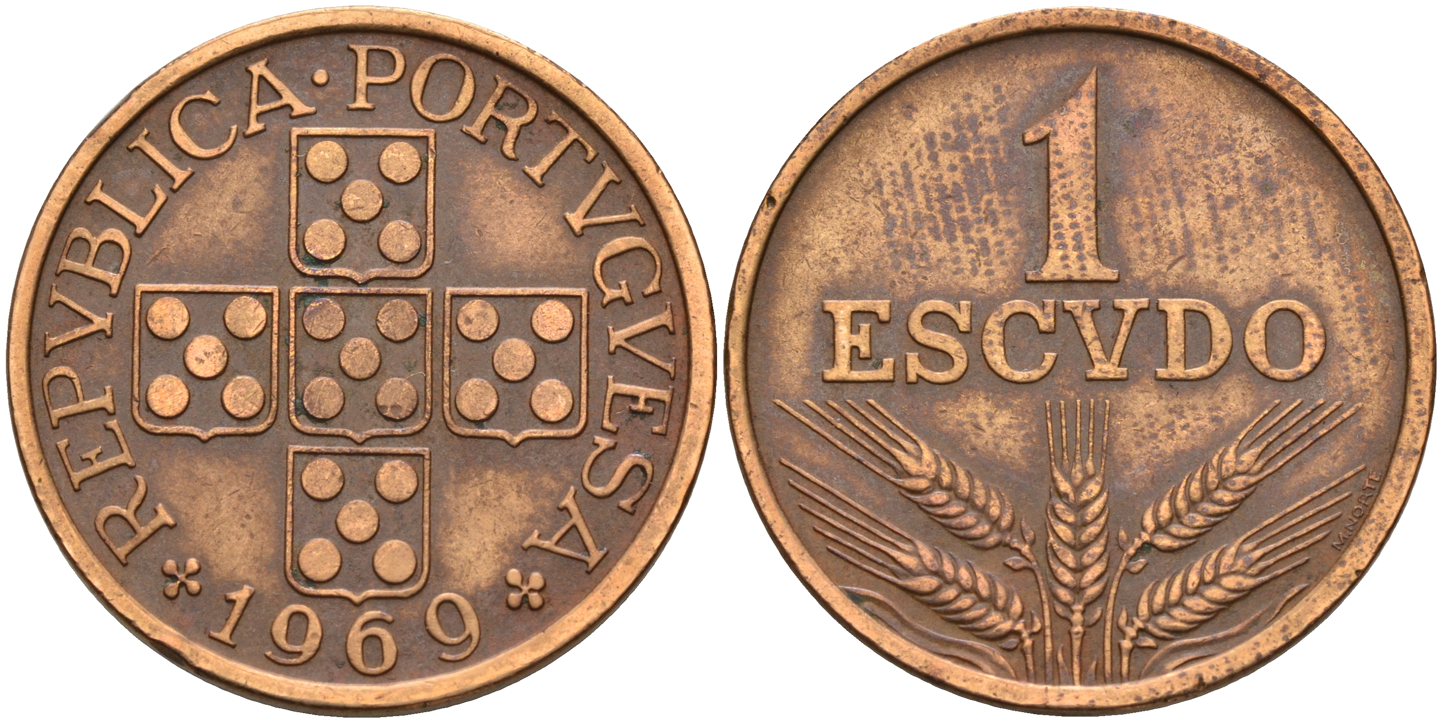 Португалия 1 эскудо 1969 первый год KM 597 бронза    4161-731