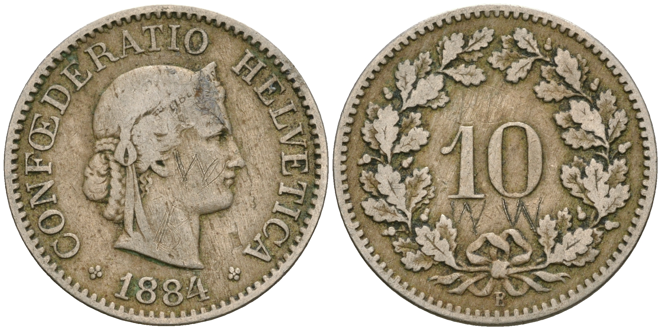 Швейцария 10 раппенов 1884 В KM 27 медно-никель 08-1424