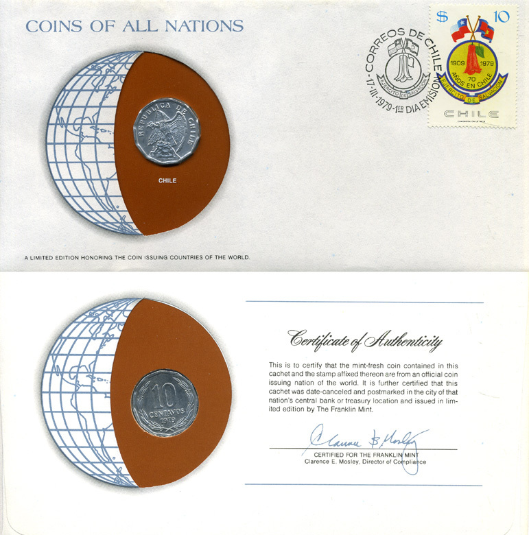 ЧИЛИ 10 СЕНТАВО 1979 конверт с маркой первого дня гашения, Coins of Nations KM 205а алюминий UNC 4294-74-1