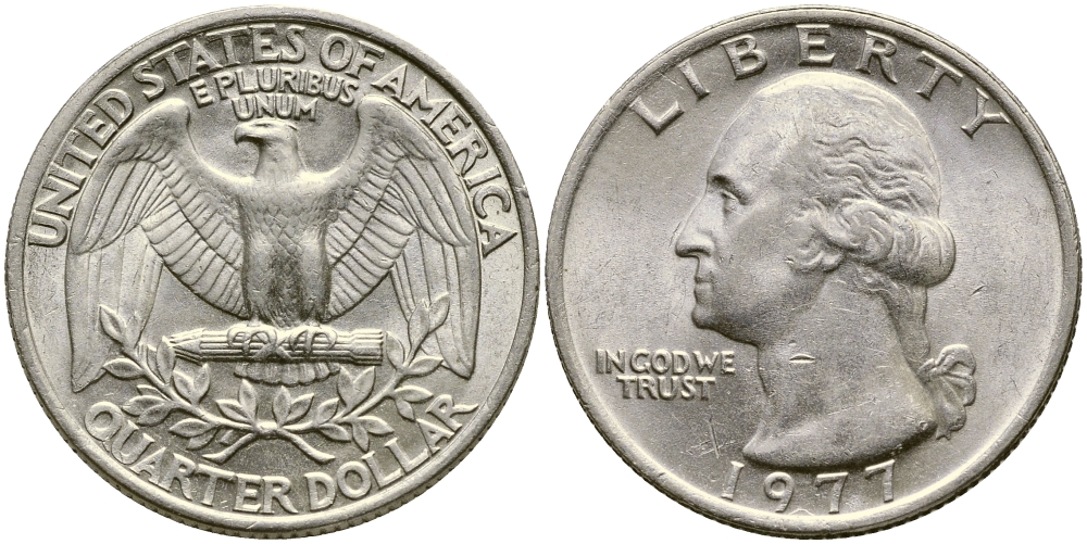 США 25 центов (квотер) 1977 Вашингтон KM A164a медь плакированная медно-никелем 4388-317