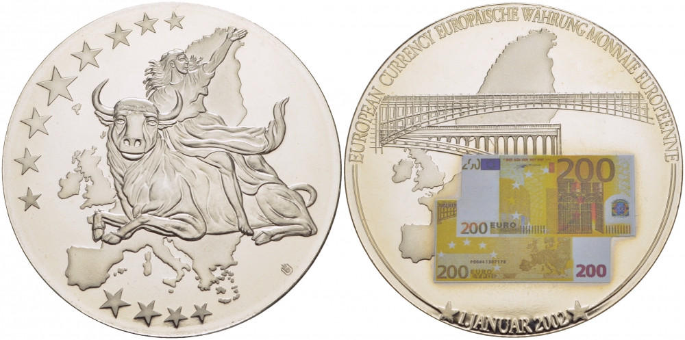 НИДЕРЛАНДЫ МЕДАЛЬ 2002 ПОХИЩЕНИЕ ЕВРОПЫ, КУПЮРА 200 ЕВРО, СЕРЕБРЕНИЕ, ЦВЕТНАЯ ЭМАЛЬ, ДИАМЕТР 50 ММ. ВЕС 54 ГР. медно-никель PROOF 01-237-42