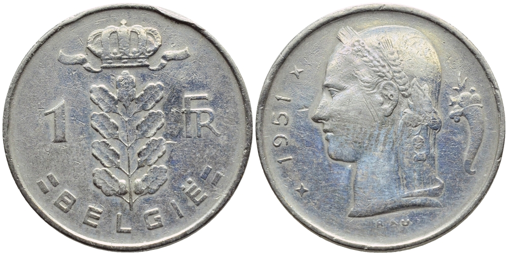 БЕЛЬГИЯ 1 ФРАНК 1951 BELGIE KM 143.1 медно-никель 4390-352