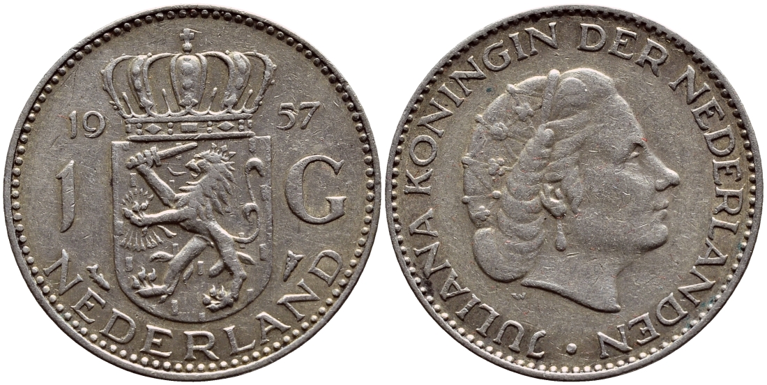 Нидерланды 1 гульден 1957 Юлиана (1948-1980) KM 184 серебро 633-911