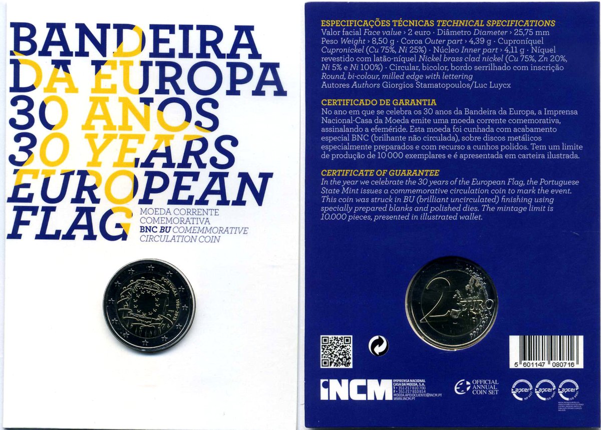 Португалия 2 евро 2015 30 лет флагу Евросоюза, запайка, картонный буклет KM 863 биметалл BUNC 3-4-8-45