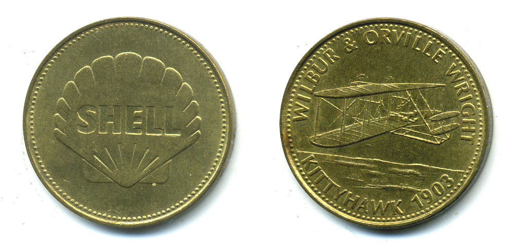 ЕВРОПА ЖЕТОН ND SHELL, САМОЛЕТ БРАТЬЕВ РАЙТ KITTYHAWK 1903 желтый металл 89-1753