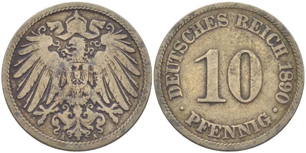 ГЕРМАНИЯ 10 ПФЕННИГОВ 1890 А KM 12, J. 13 медно-никель 210-624