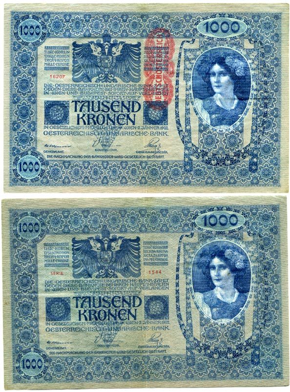 АВСТРИЯ 1000 КРОН 1919 КРАСНАЯ ВЕРТИКАЛЬНАЯ НАДПЕЧАТКА НА 1902 Pick 59 бумага 7146-58-2-2