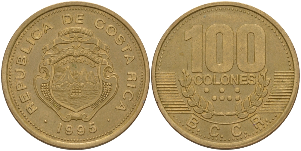 КОСТА-РИКА 100 КОЛОН 1995 w KM 230 сталь плакированная латунью 82-225