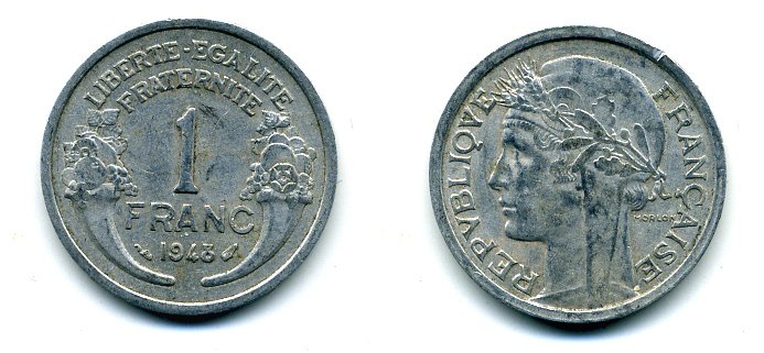 ФРАНЦИЯ 1 ФРАНК 1948 ТИП MORLON, LEGERE KM 885a.1, LE FRANC 221.13 алюминий 37-816