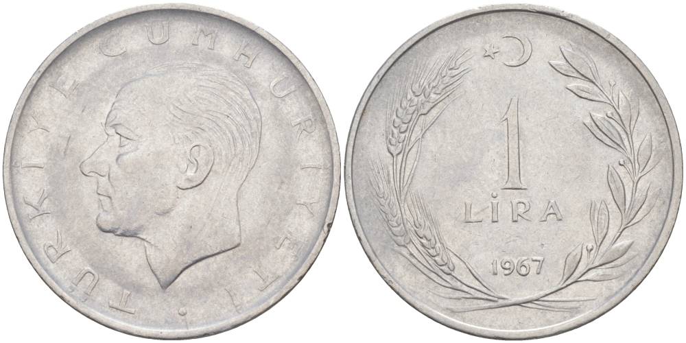 Турция 1 лира 1967 Мустафа Кемаль Ататюрк KM 889а.2 нержавеющая сталь 4551-1157