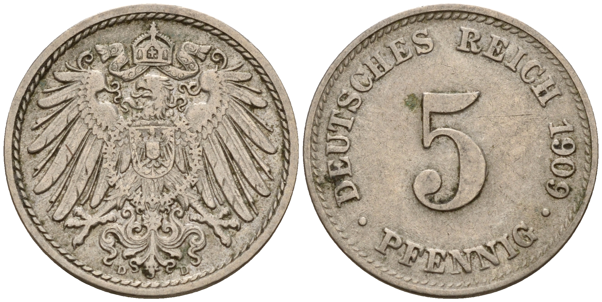 Германия 5 пфеннигов 1909 D J.12, KM 11 медно-никель    4598-1139