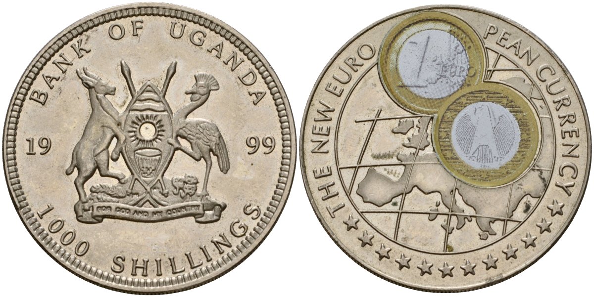 Уганда 1000 шиллингов 1999 ЕВРО монеты - Германия, 1 евро KM 268 медно-никель 1095-1-24