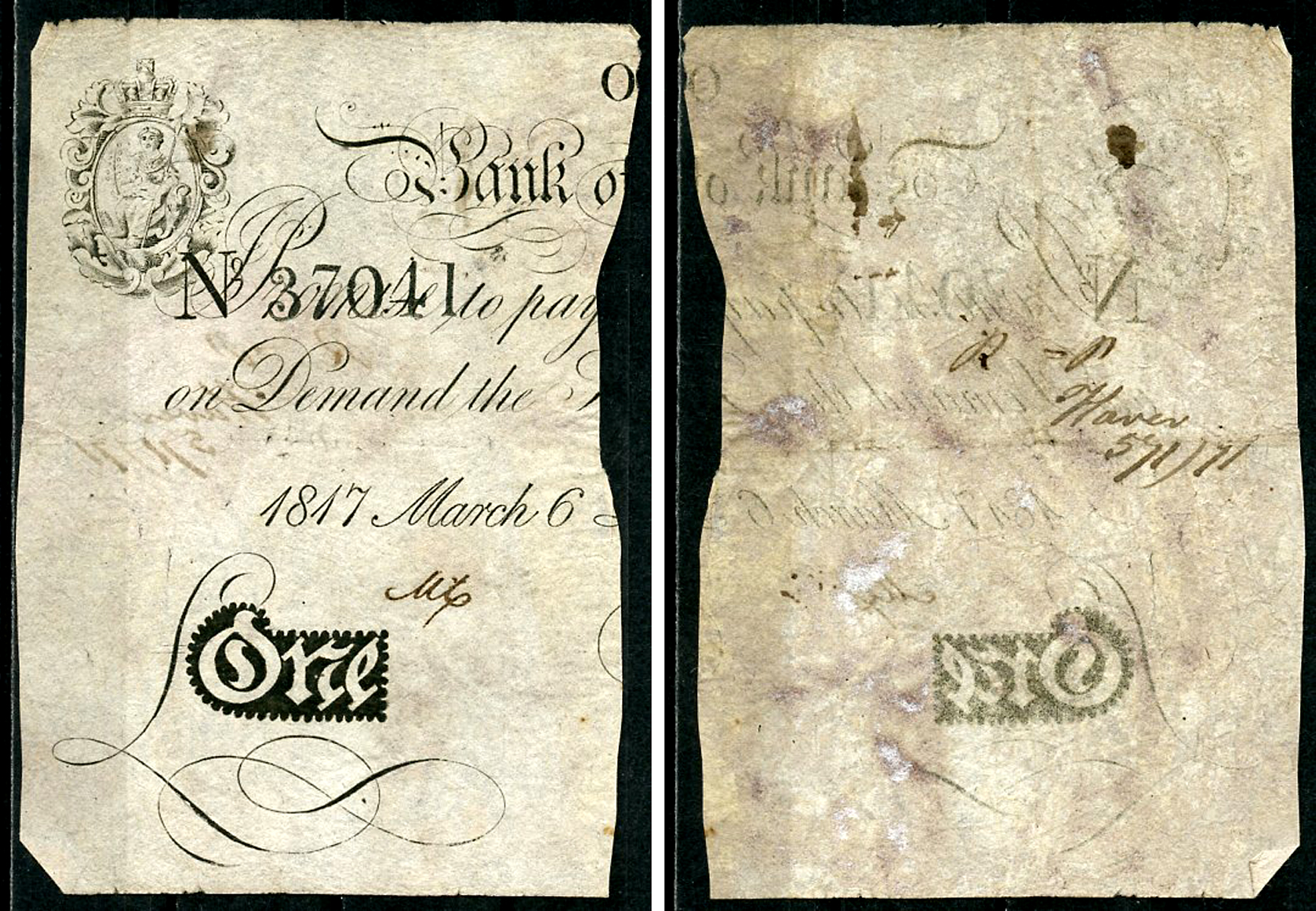 Англия 1 фунт 1817 фрагмент боны PW № REB33, Pick 190  бумага   451-44-1