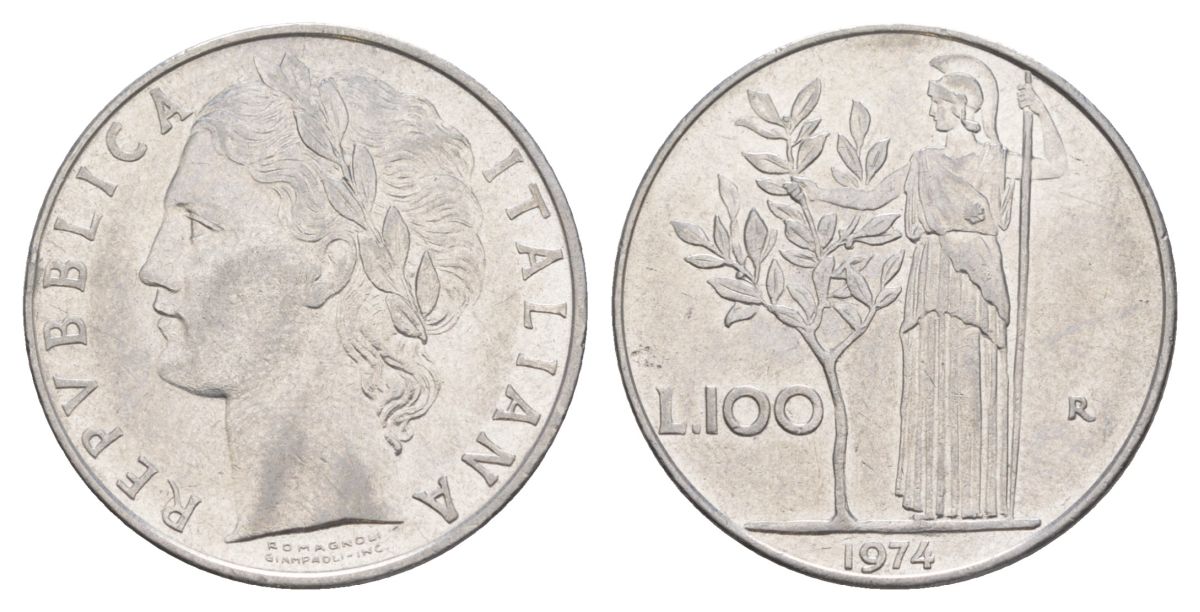 Италия 100 лир 1974 R, Афина у оливкого дерева KM 96.1 нержавеющая сталь 4633-754