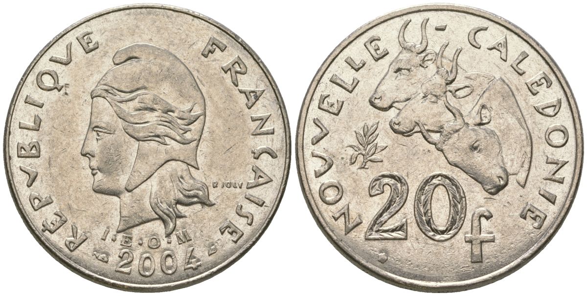 Французская Новая Каледония 20 франков 2004 три быка, (IEOM) KM 12, Schoen 14, Lec 115h никель 81-642