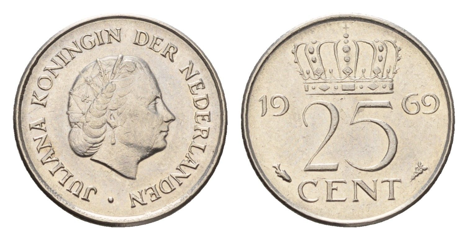 Нидерланды 25 центов 1969 Юлиана (1948-1980) KM 183 никель 4658-862