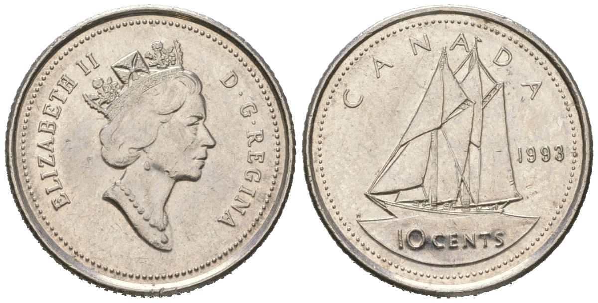 Канада 10 центов 1993 Елизавета II (1952-2022), парусник KM 183 никель 4381-915