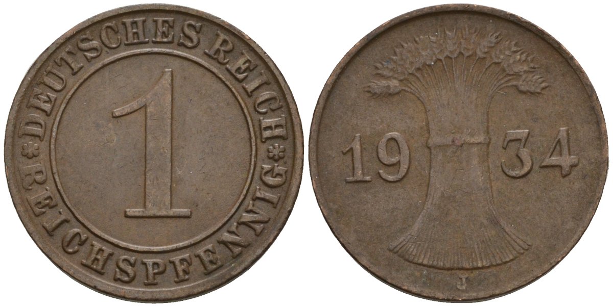 Германия 1 рейхспфенниг 1934 J KM 37, J. 313 бронза 4516-564
