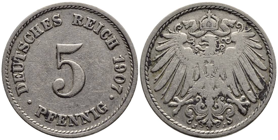 ГЕРМАНИЯ 5 ПФЕННИГОВ 1907 J KM 11, Jager 12, Weege 6 медно-никель 4547-461