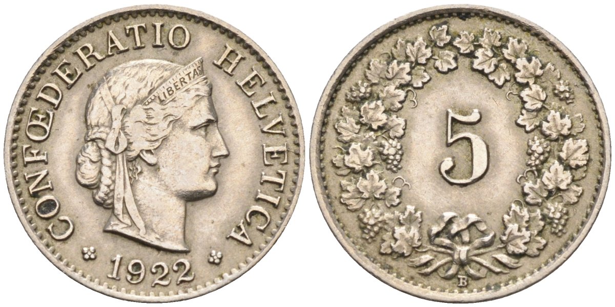 Швейцария 5 раппенов 1922 В KM 26 медно-никель 4549-553