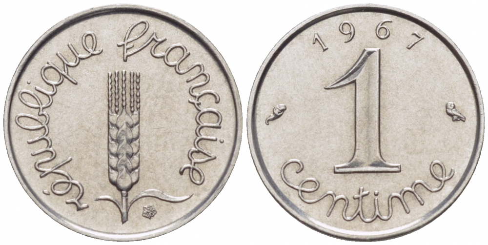 ФРАНЦИЯ 1 САНТИМ 1967 KM 928 хромированная сталь UNC 112-564