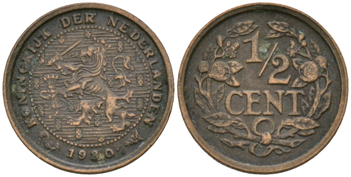 Нидерланды 1/2 цента 1930 Вильгельмина (1890-1948) KM 138 бронза 4169-455