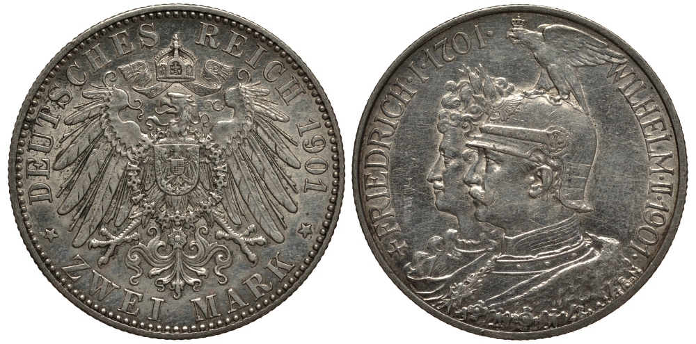 Пруссия 2 марки 1901 A, 200 лет Прусской королевской династии (Фридрих I - Вильгельм II) J.105, Weege 105, KM 525 серебро 3711-1021