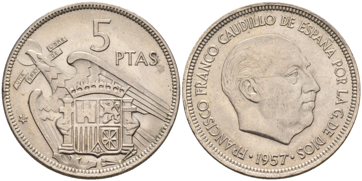 Испания 5 песет 1957 (67) Франсиско Франко (1939-1975) KM 786 медно-никель aUNC 4583-1143